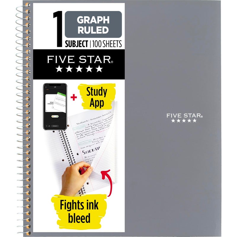 Five Star Spiral Notebook + Study App, 1 Subject, Graph Ruled Paper, Fights Ink Bleed, Water Resistant Cover, 8-1/2"" x 11"", 100 Sheets, Gray (620000AA3) - Image 1